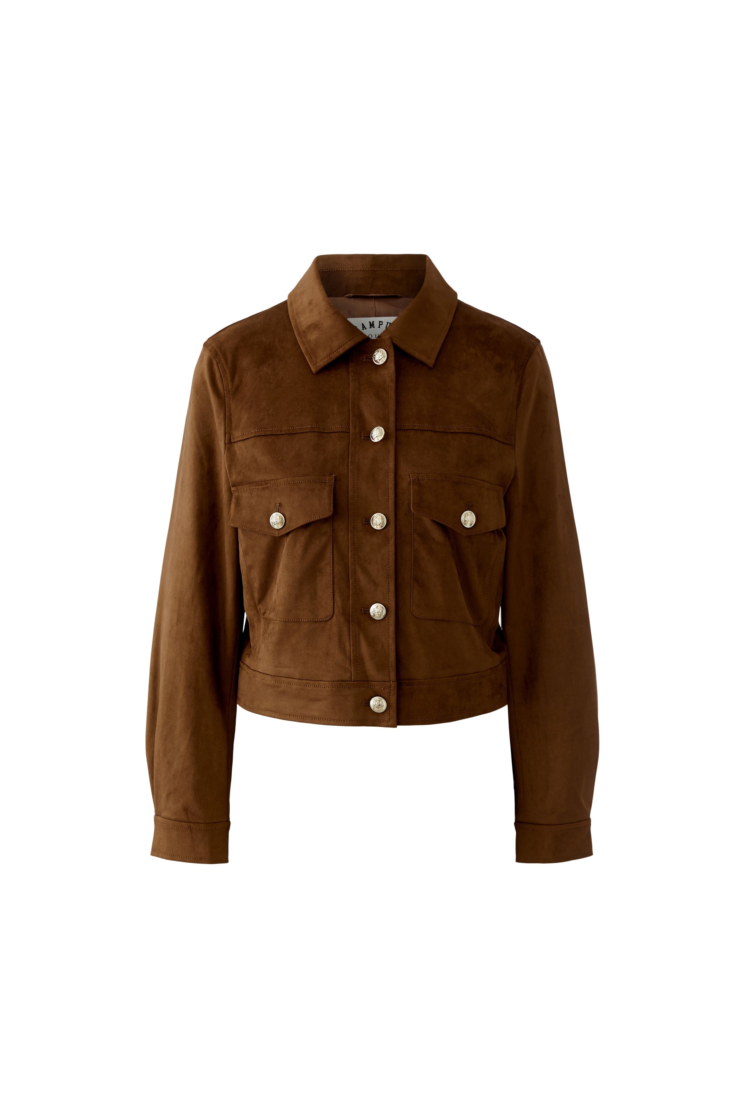 Oui soft faux suede trucker jacket brown front view with button fastening