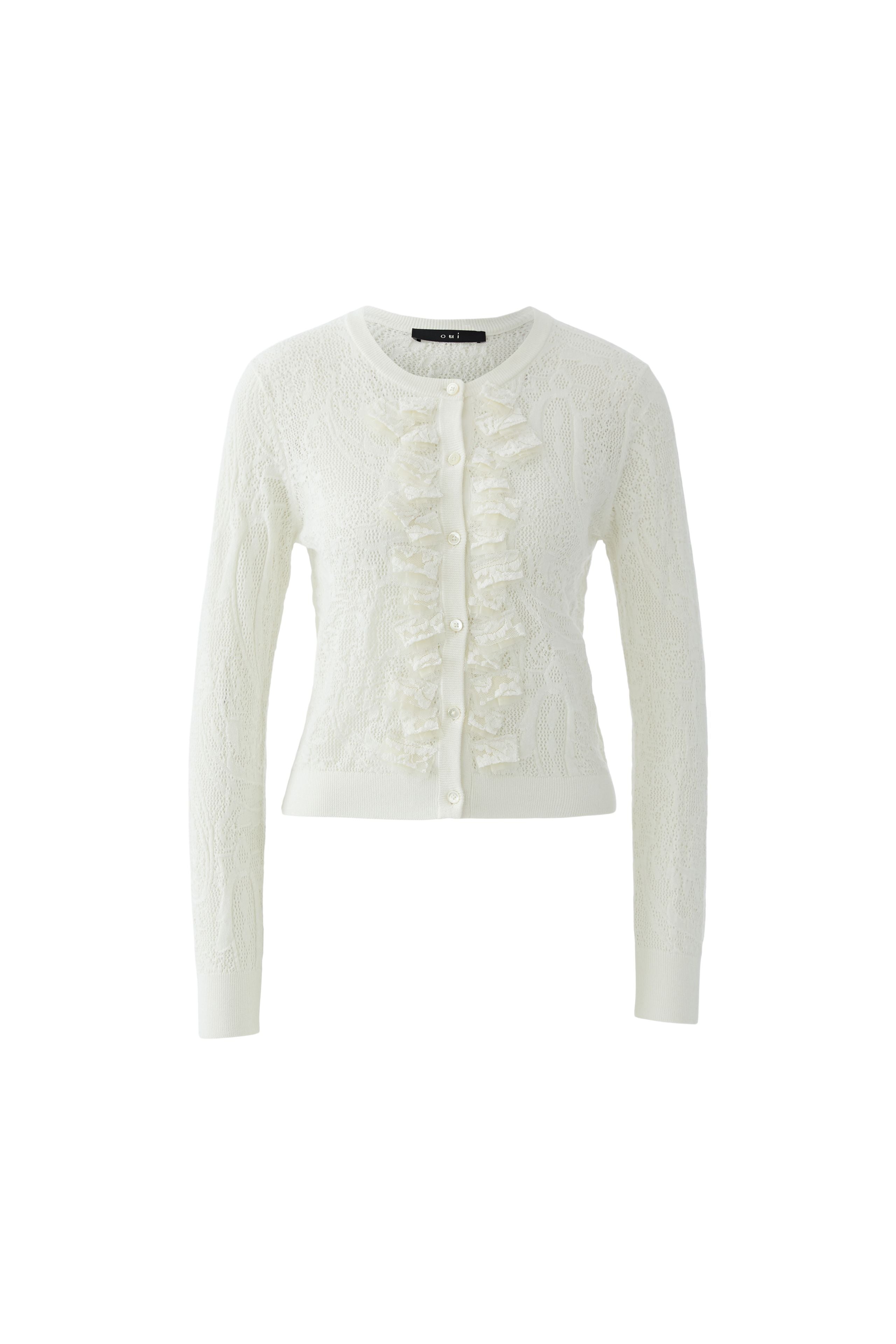 Oui ruffle front lace knit cardigan ivory front view