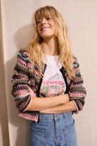 Oui pink green women’s knitted jacket styled casually with jeans