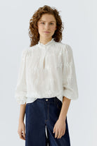 Oui white cotton embroidered high neck Women’s blouse front view 