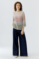 Oui colour block knit jumper styled with wide leg jeans