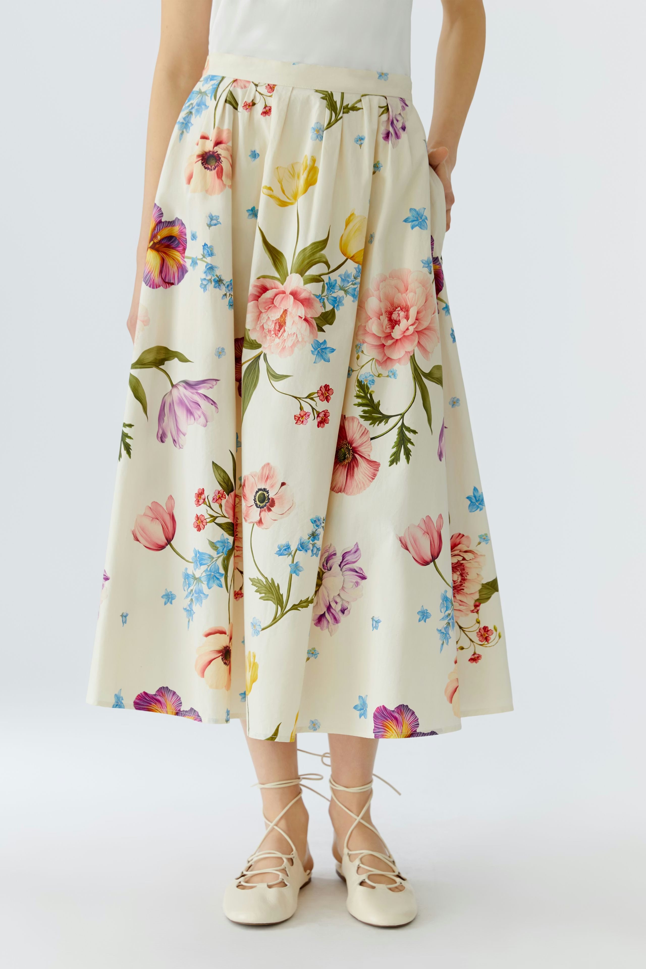 Oui cream floral A-line midi skirt front view
