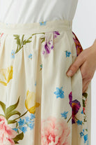 Oui cream floral midi skirt waistband and pleat detail