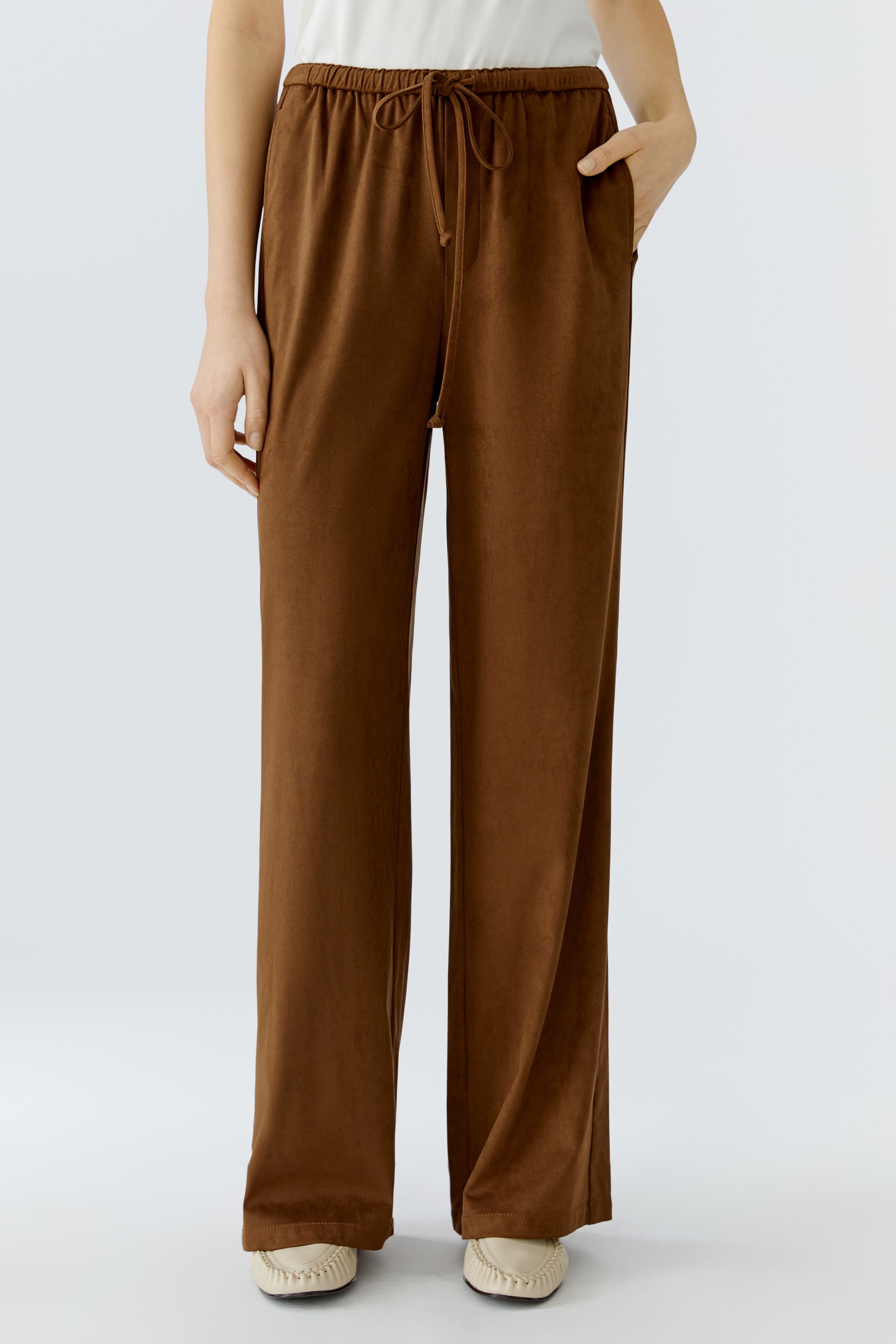 Oui suede look wide leg trousers brown women front view