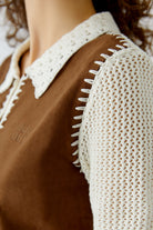 Oui hand stitched crochet detail cardigan In brown & cream 