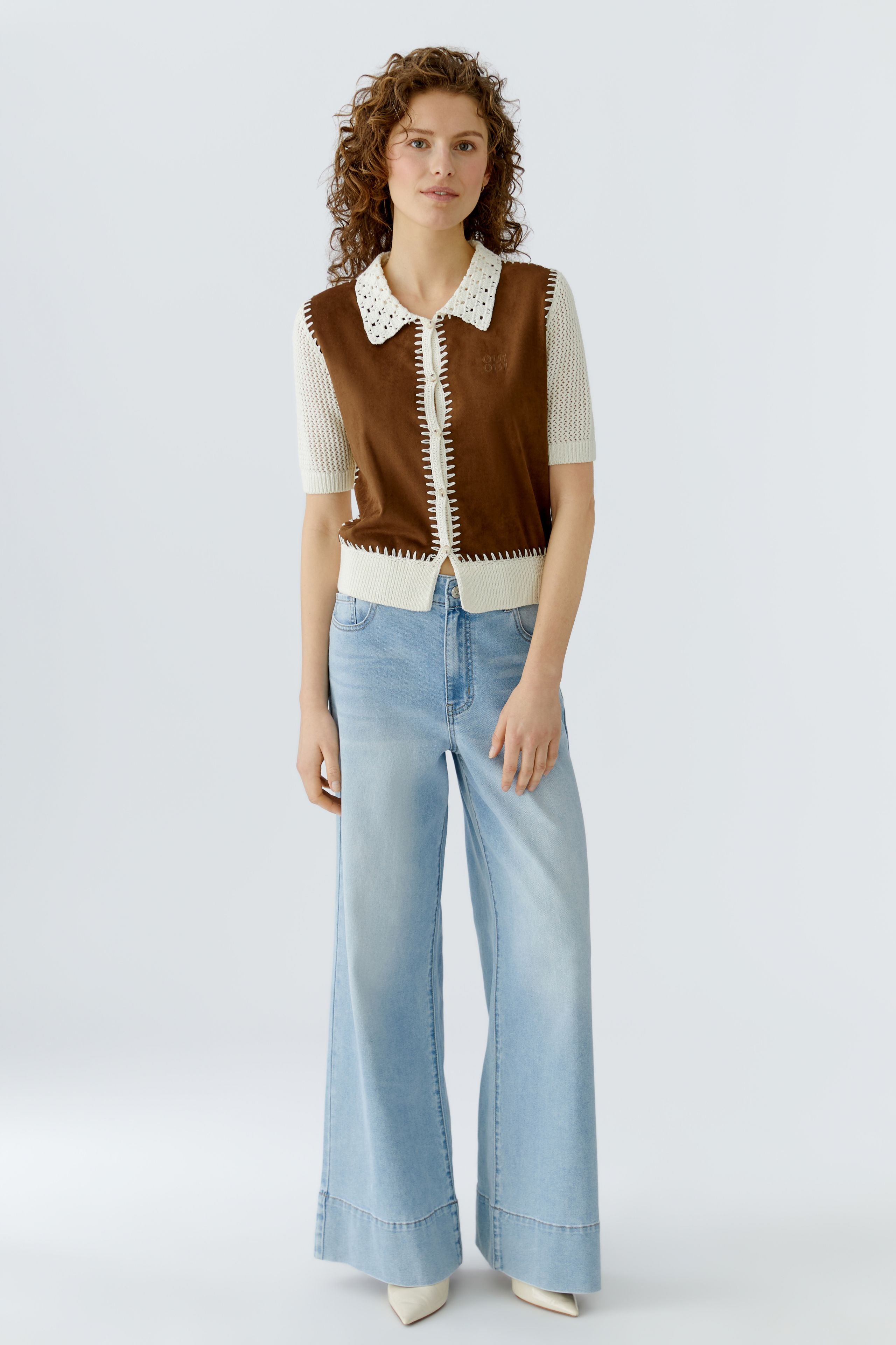 Oui cropped brown knit crochet cardigan women