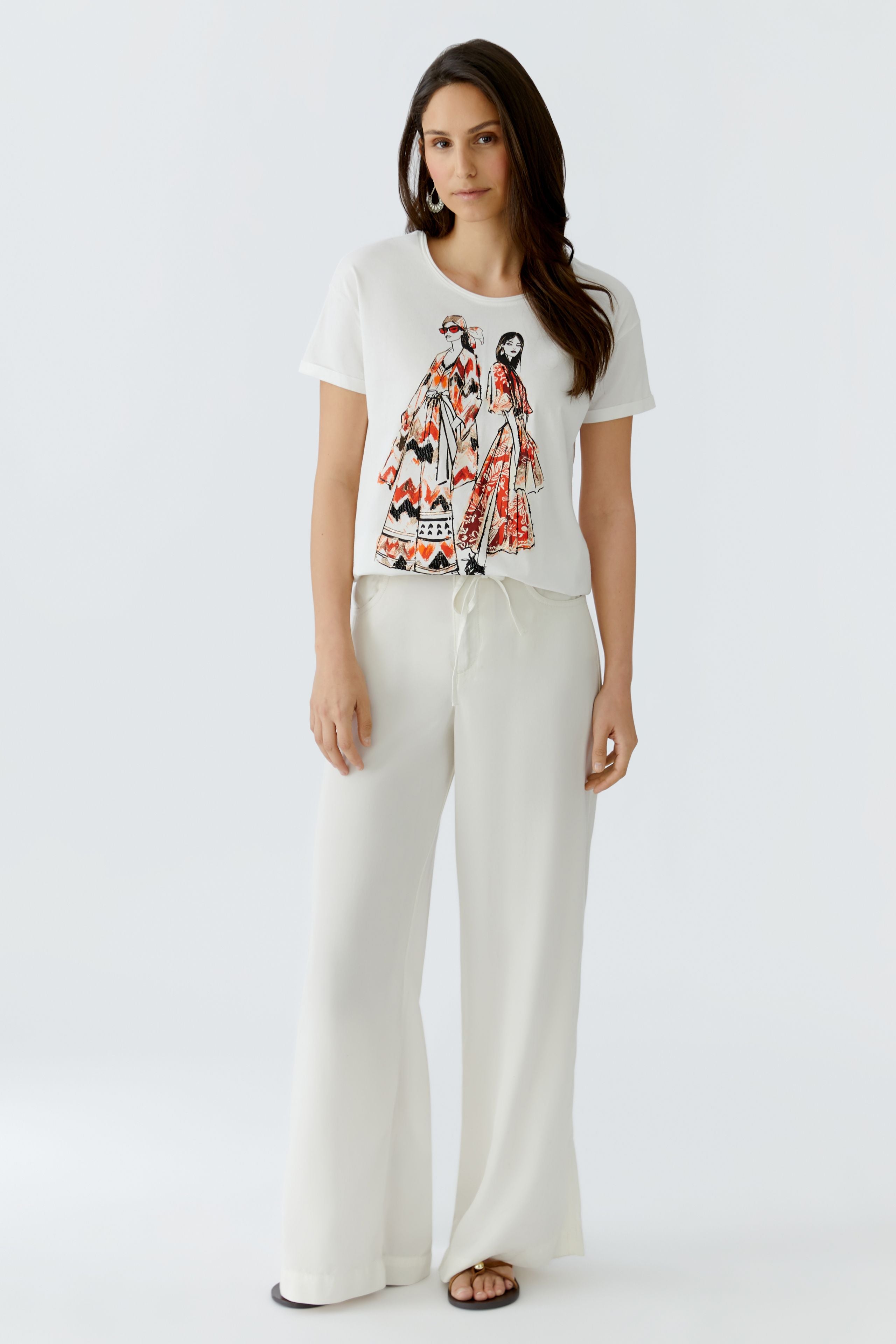 Oui white illustrated print T-shirt with sequin detail full length outfit view