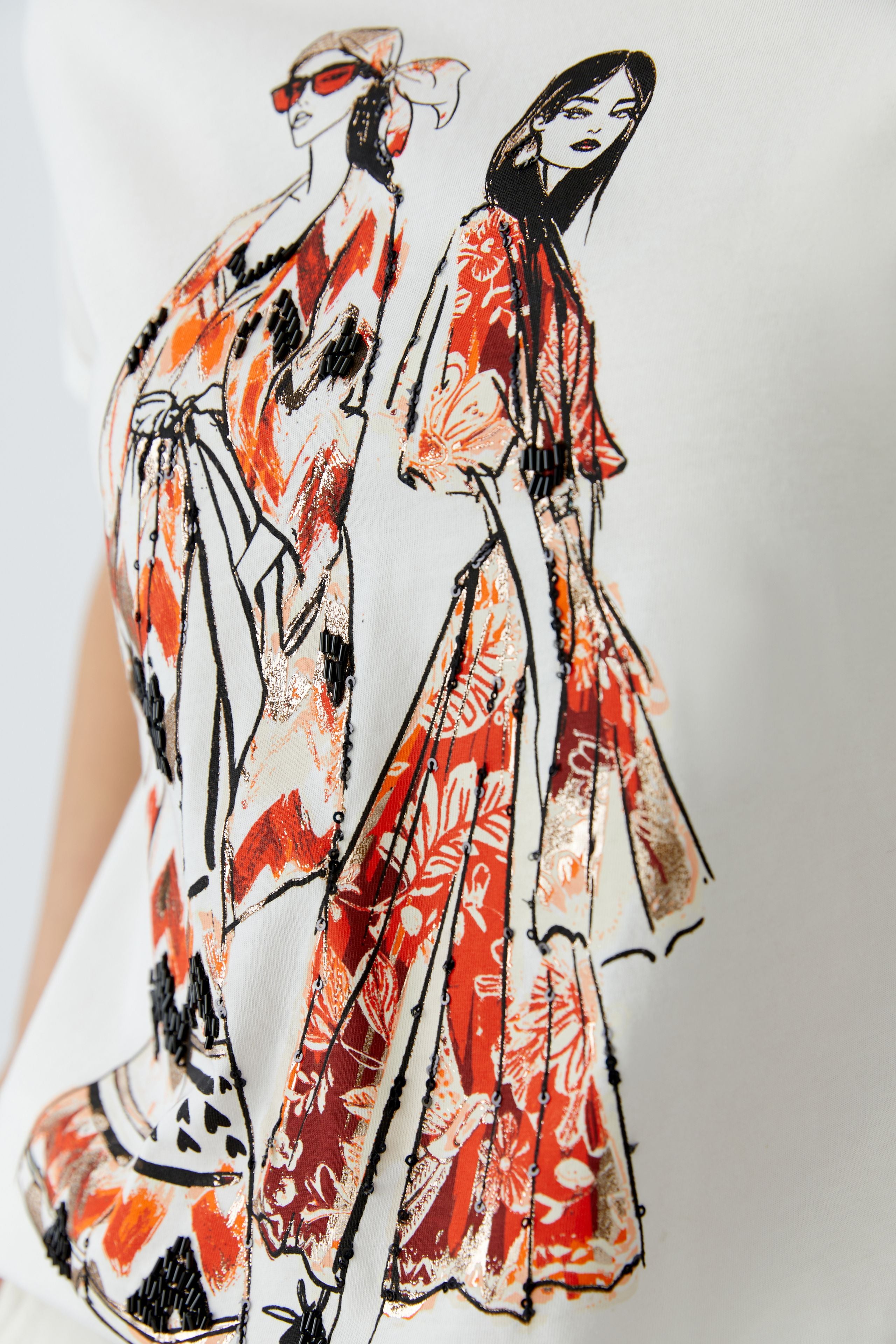 Oui white cotton T-shirt with fashion illustration print and beaded embellishment close-up