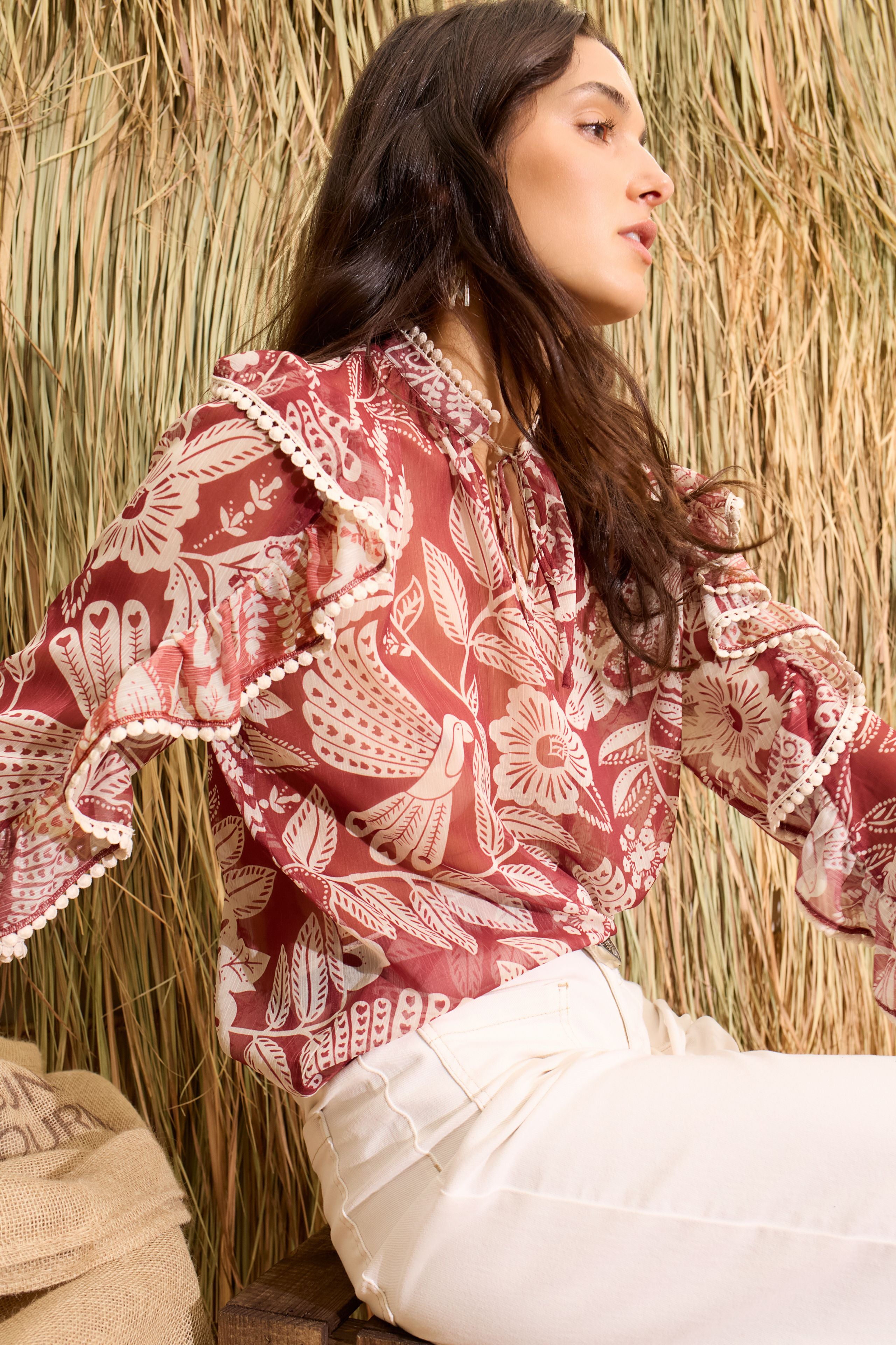 Oui ruffle sleeve floral blouse full outfit styling