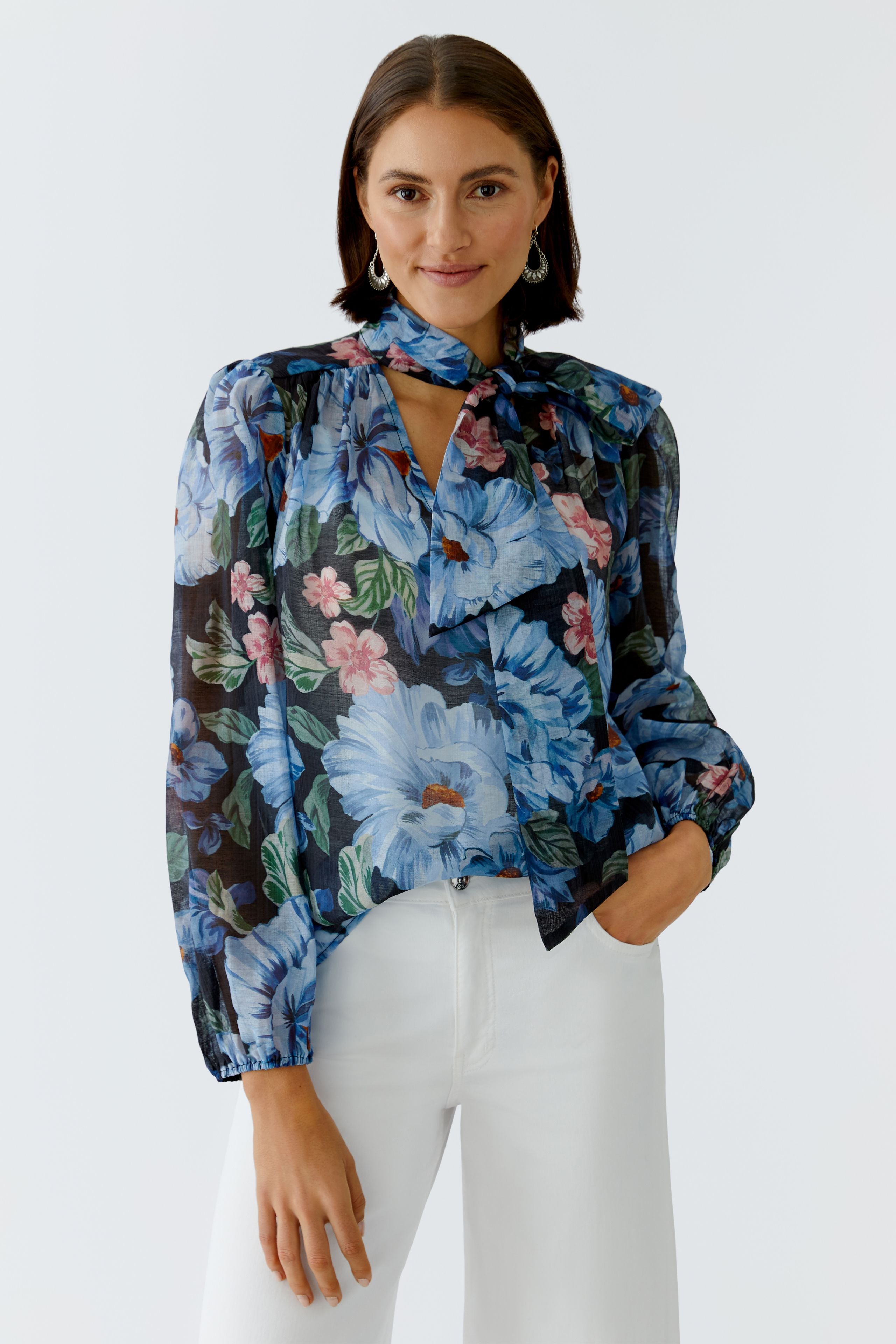 Oui blue floral bow front blouse sheer long sleeve top