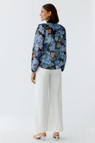 Oui blue floral blouse back view long sleeve light weight