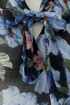 Oui blue floral sheer blouse front view bow neckline
