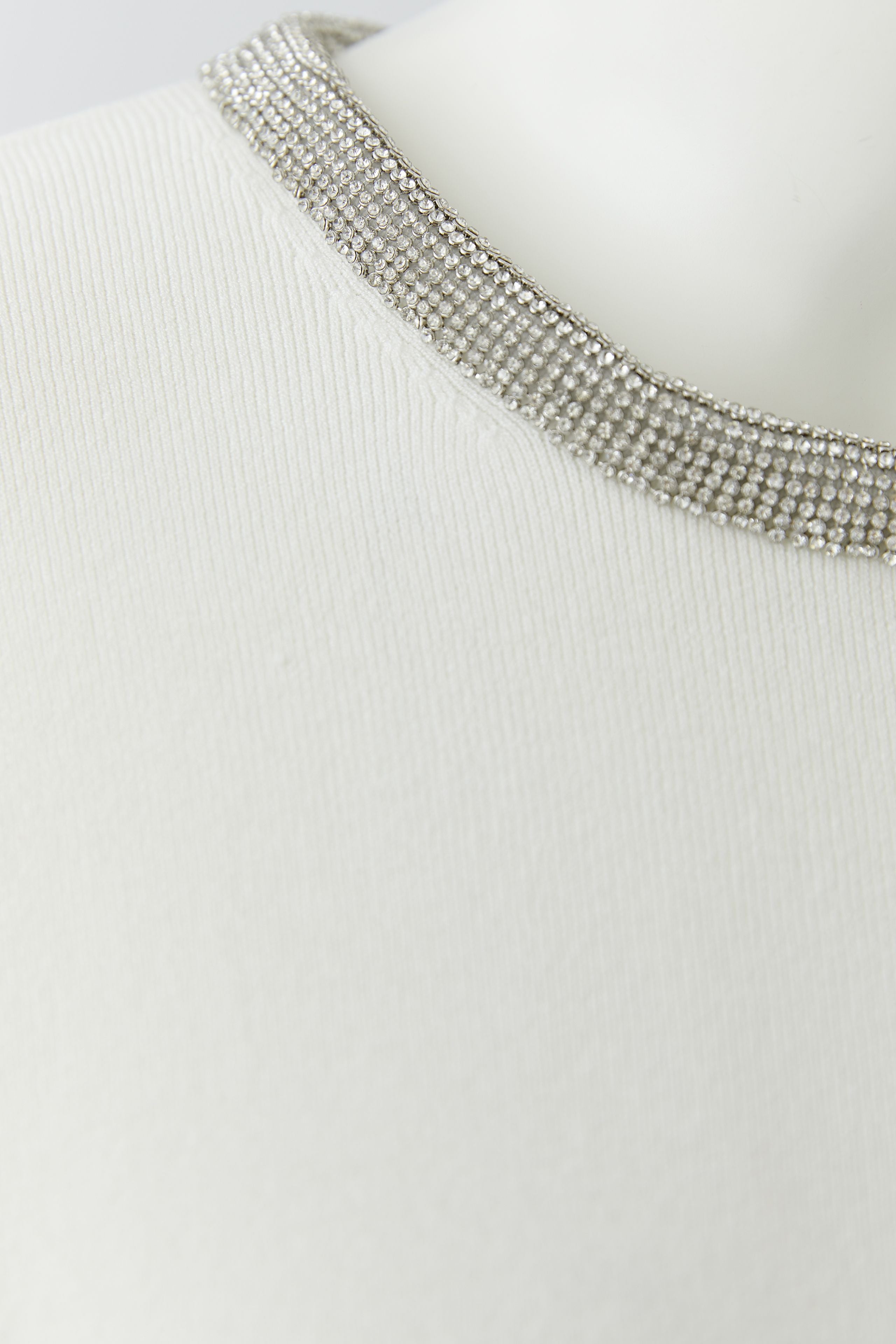 Oui cream knit sweater with crystal neckline detail close-up
