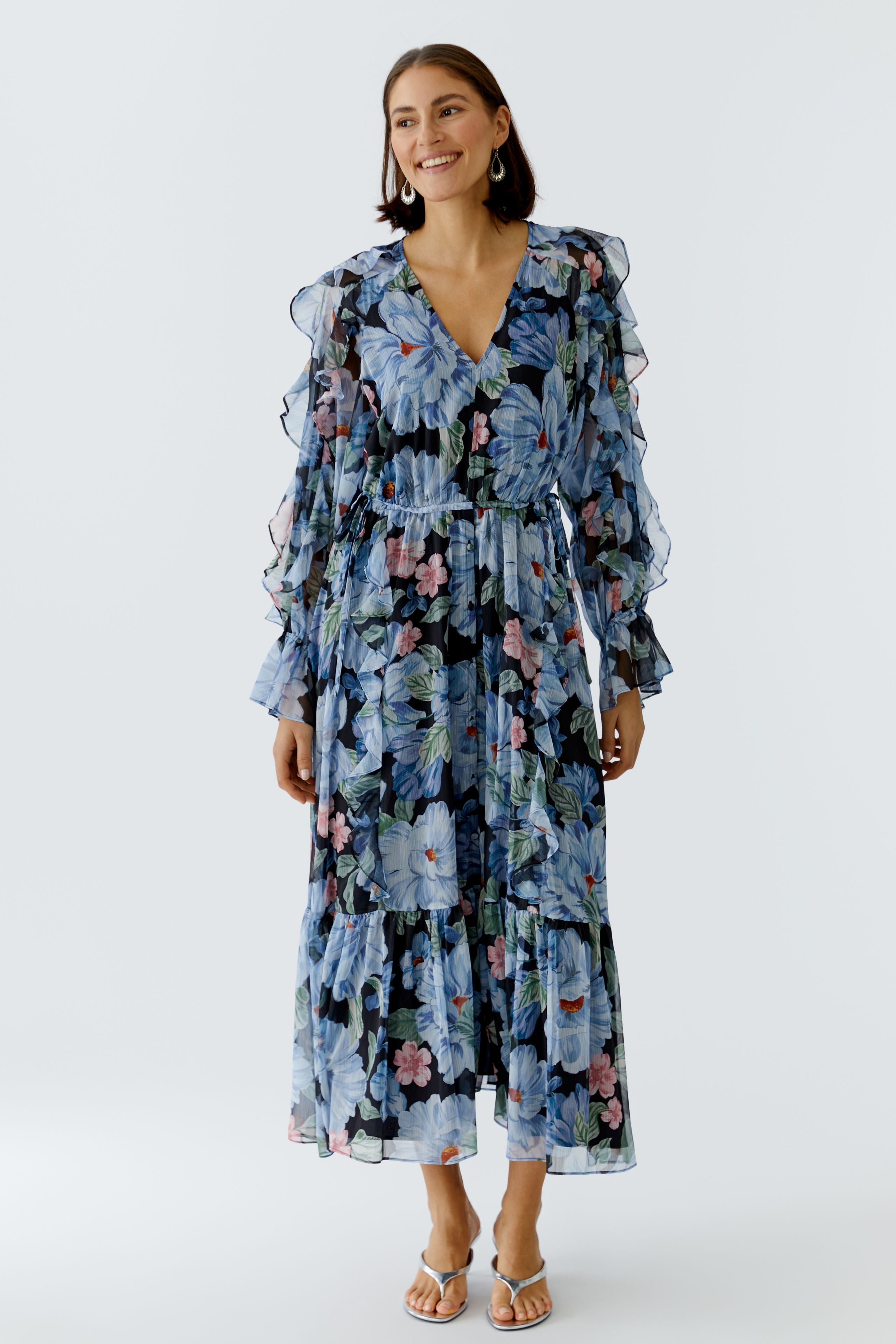 Oui blue floral midi dress long sleeve ruffle front view