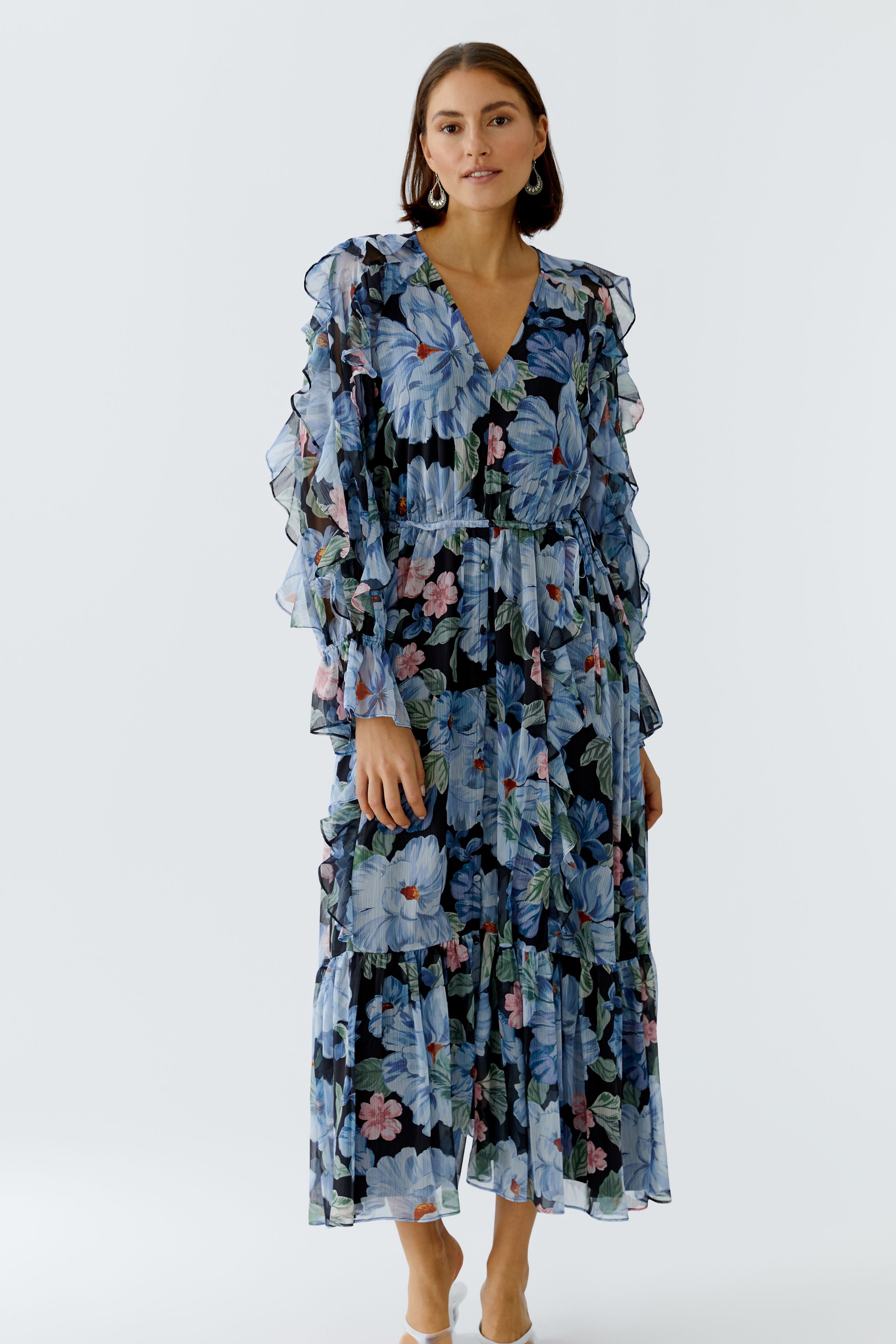 Oui blue floral long sleeve occasion midi dress full length