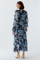 Oui blue floral midi dress back view long sleeve