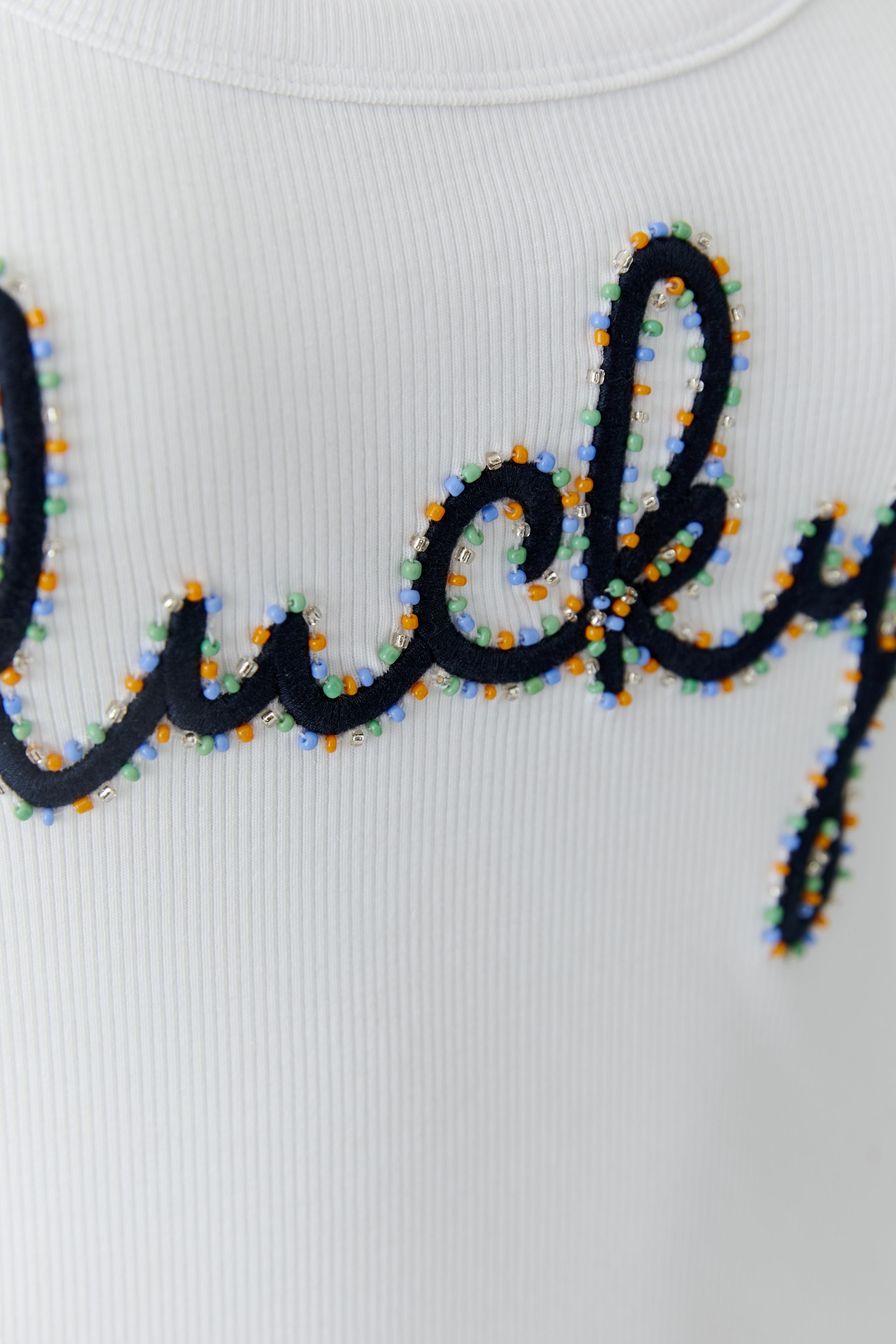 Oui lucky slogan vest top beaded detail close up
