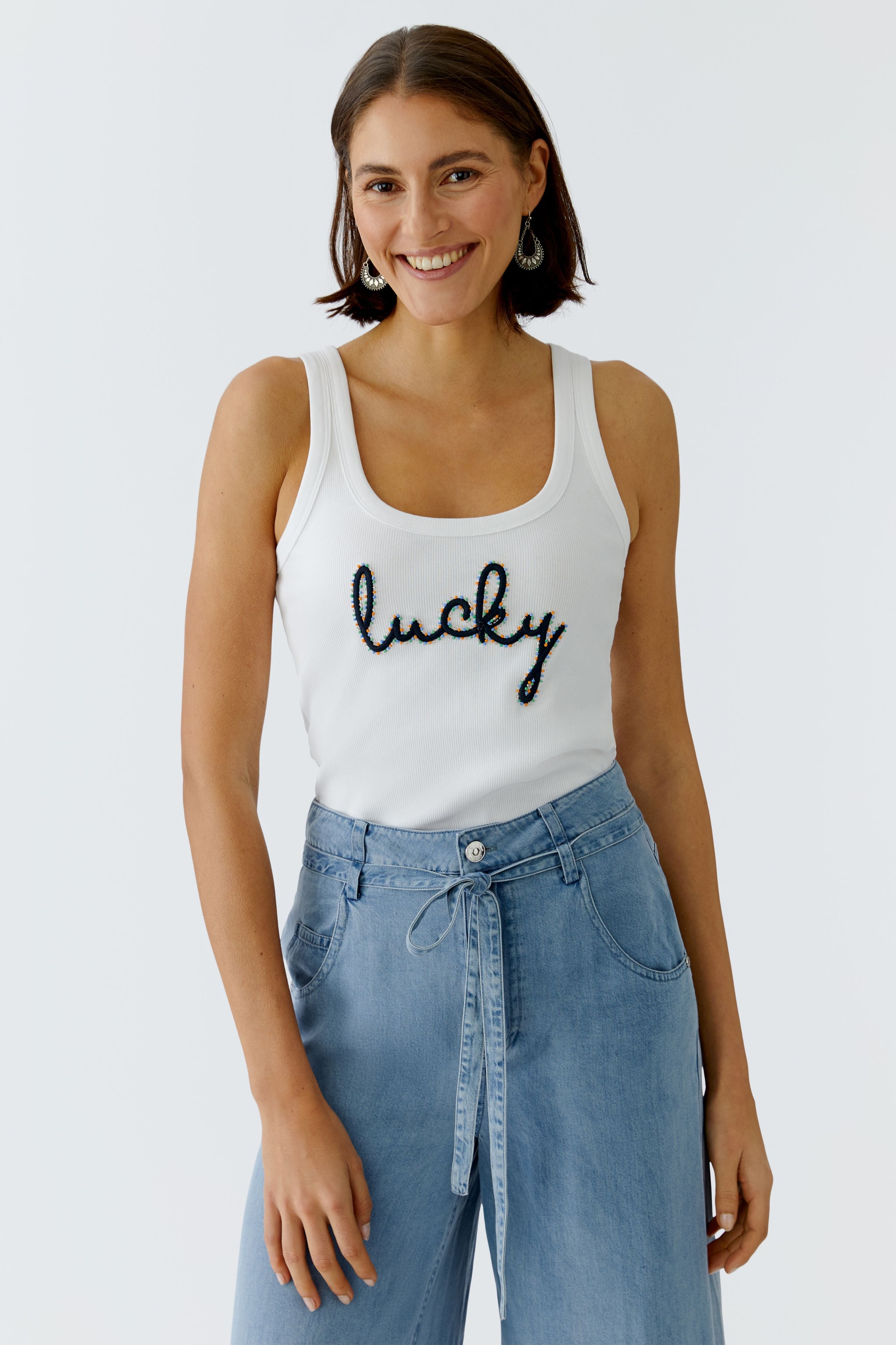Oui white ribbed vest top lucky print front view