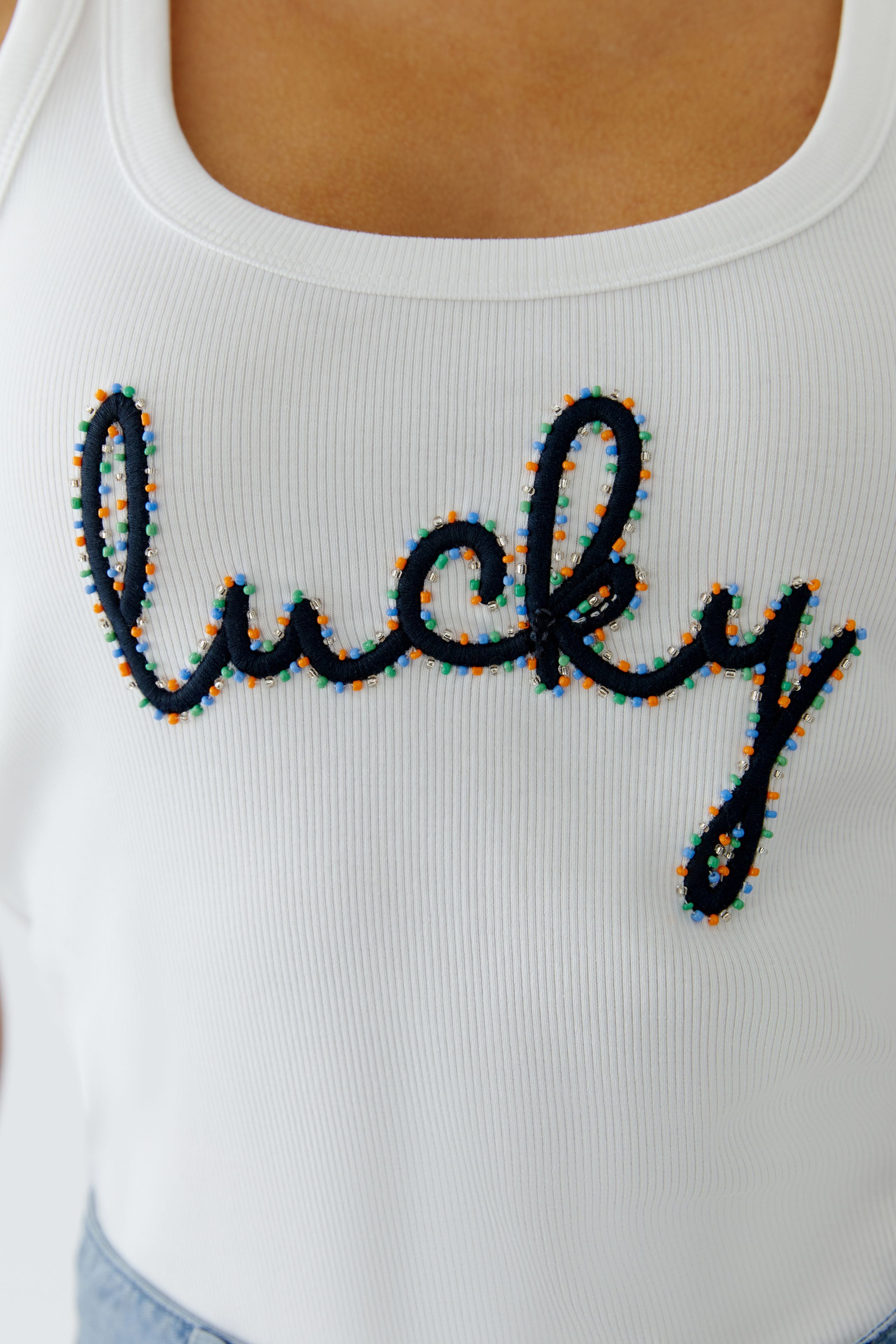 Oui lucky slogan beaded lettering vest top detail