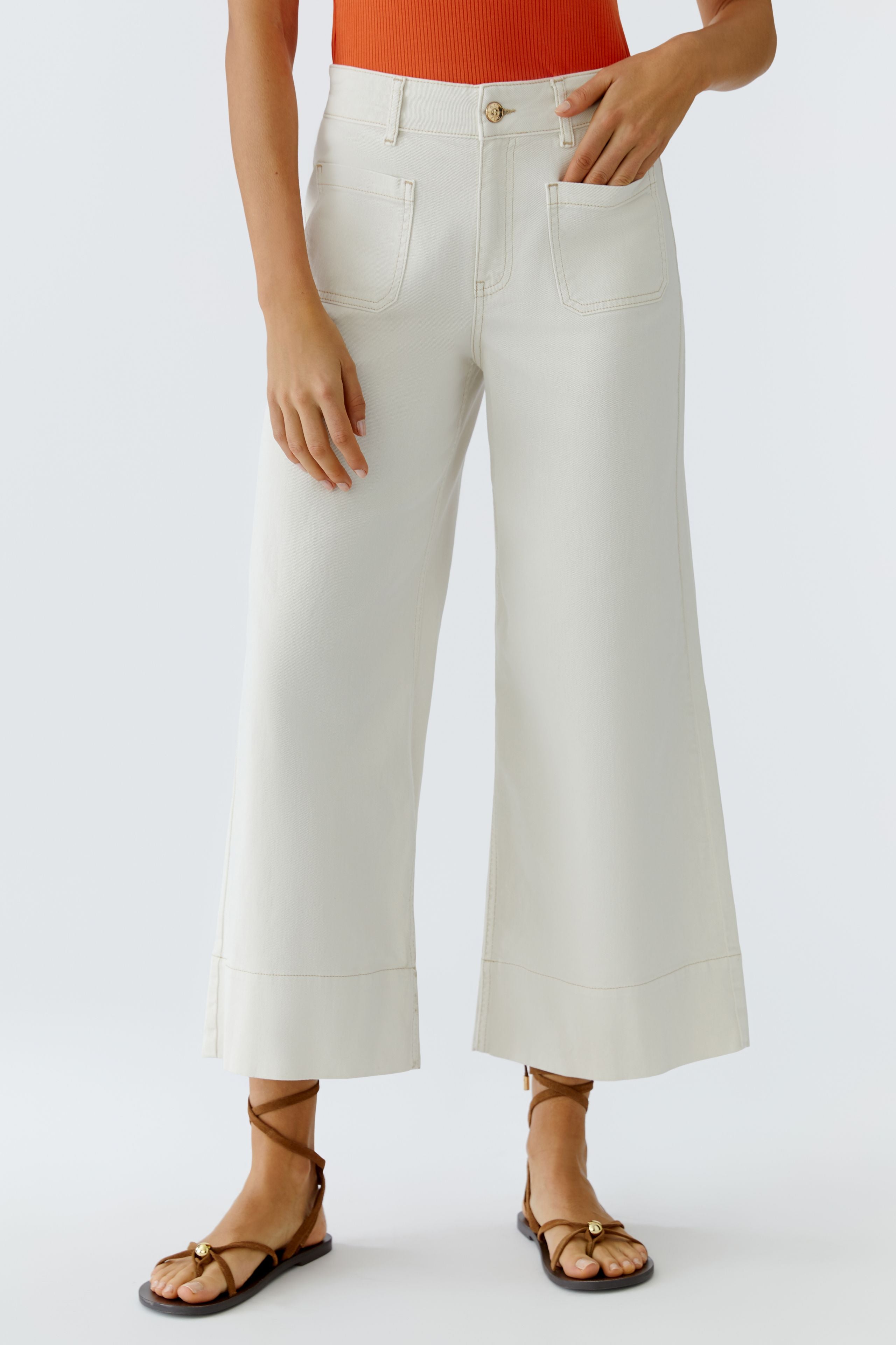 Oui off white wide leg cropped jeans patch pocket front view