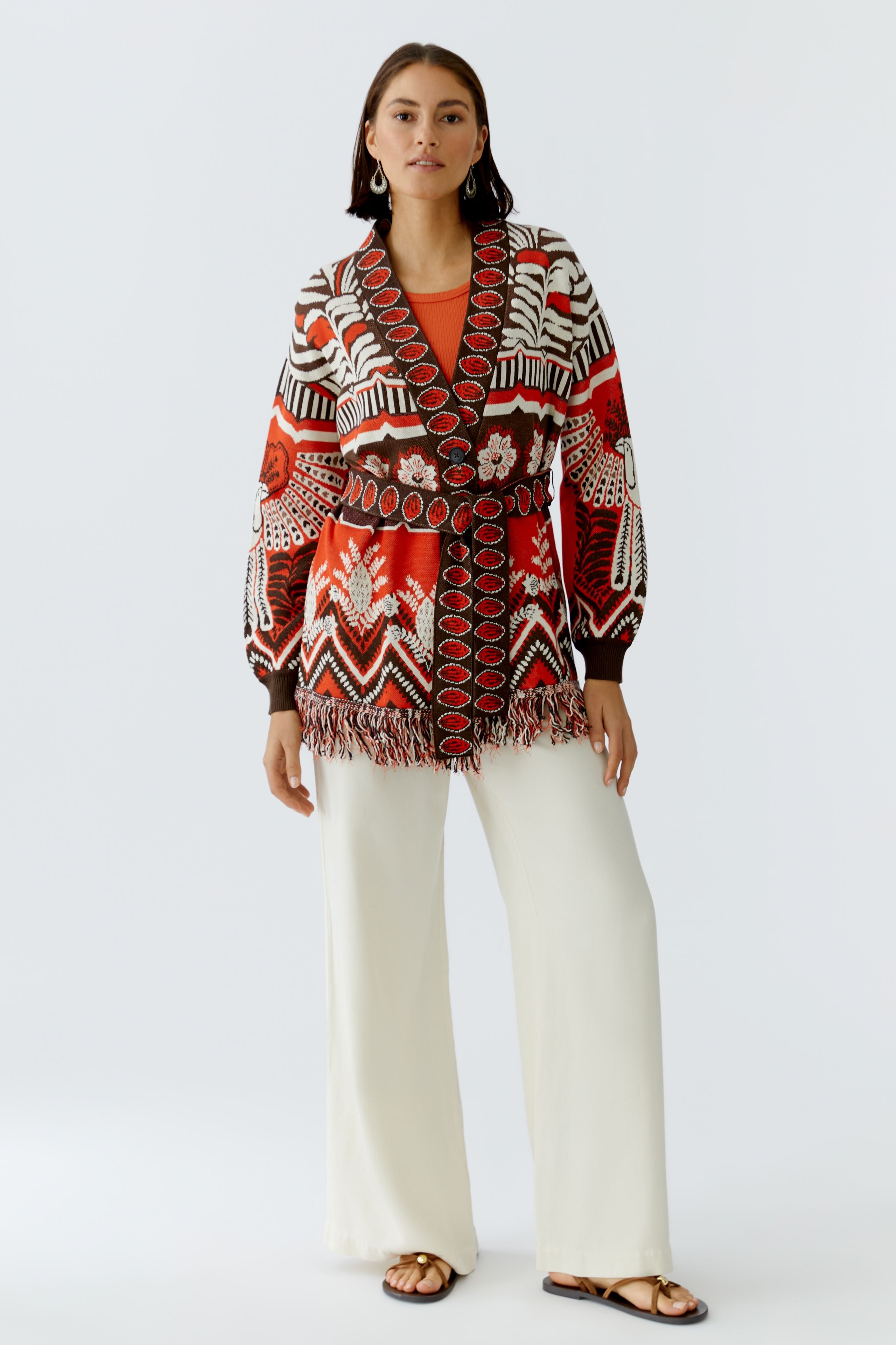 Oui red brown knit cardigan kimono style full length styling