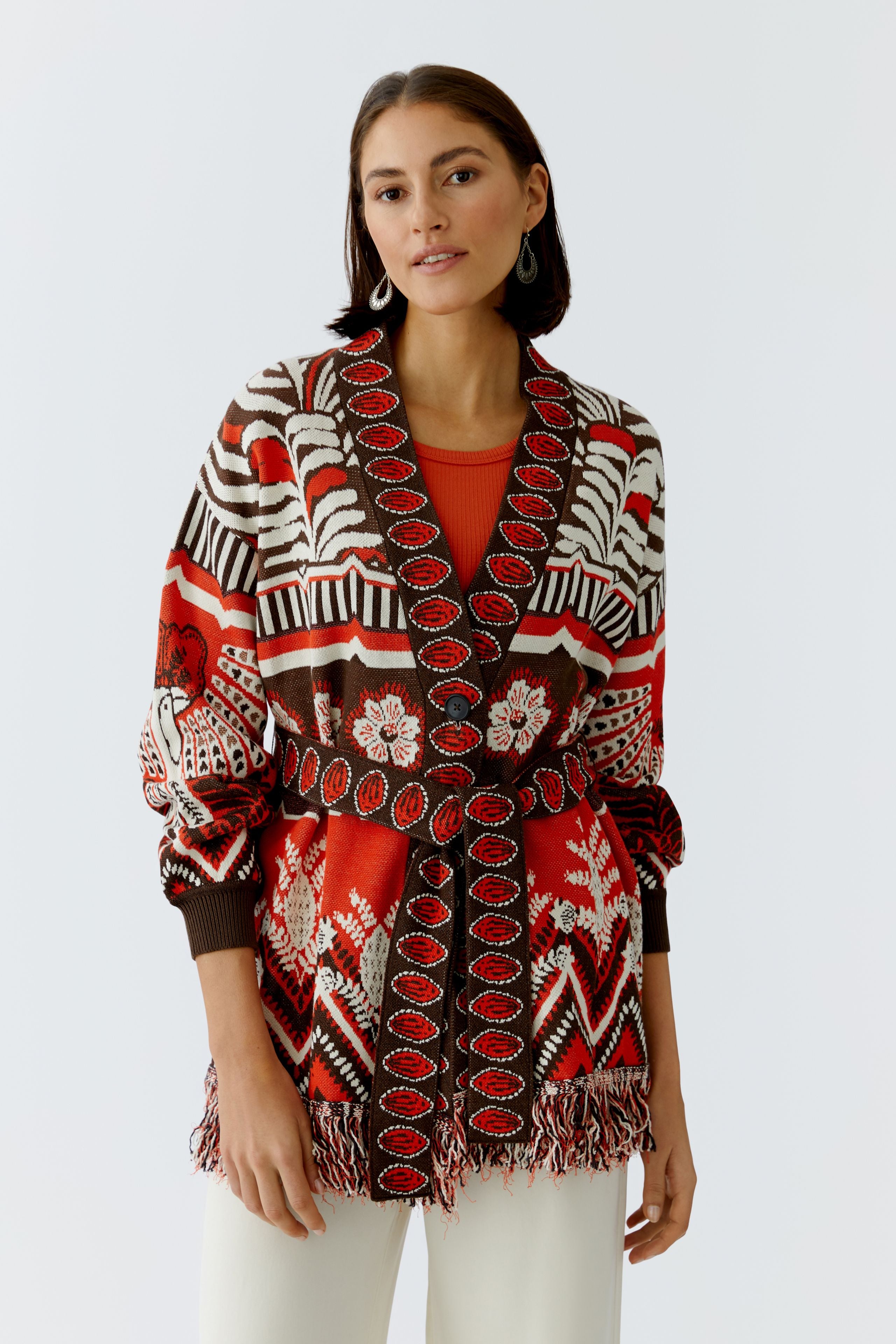 Oui kimono style knit cardigan red brown belted front view