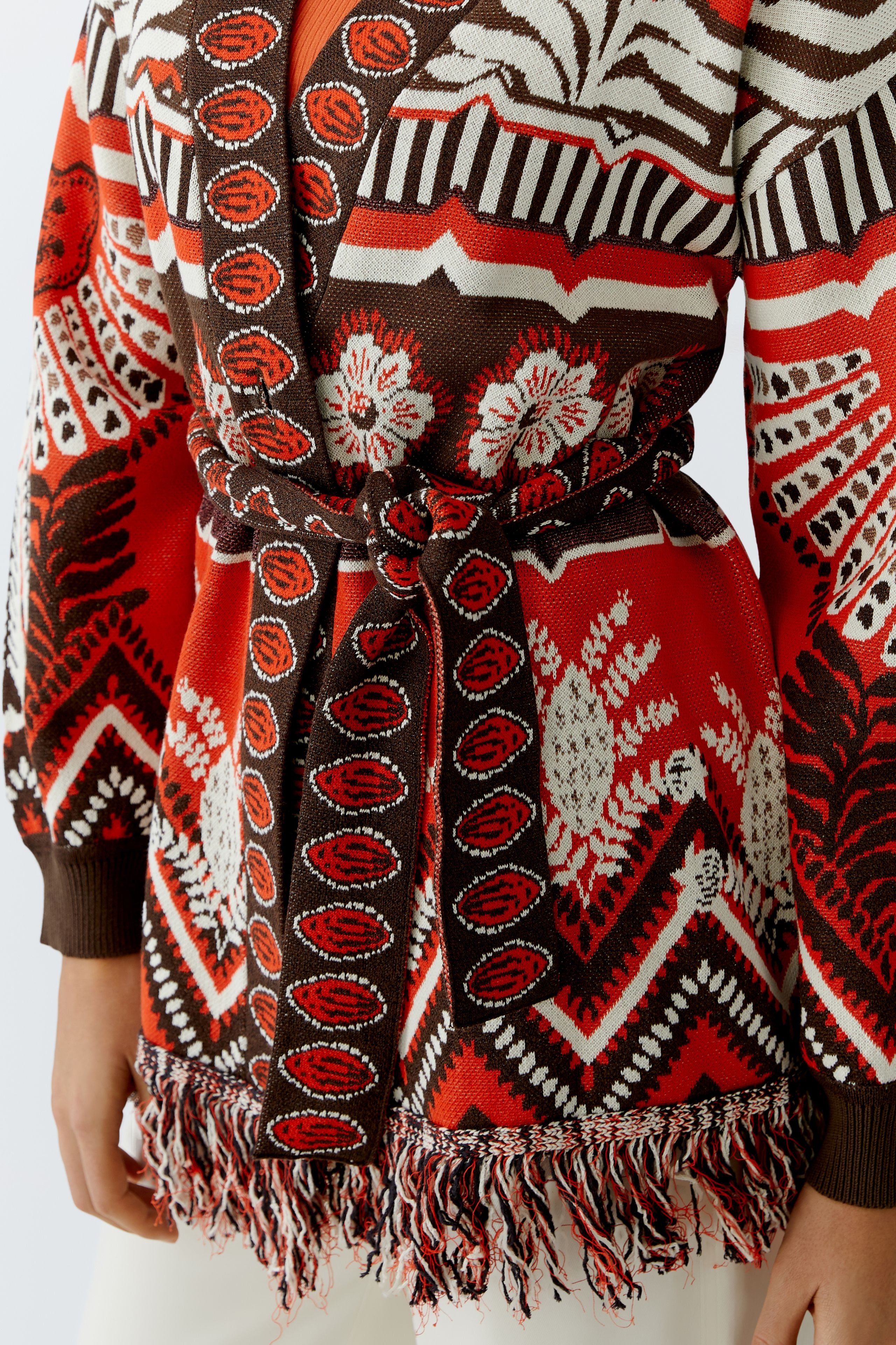 Oui patterned knit cardigan red brown side view belted fit