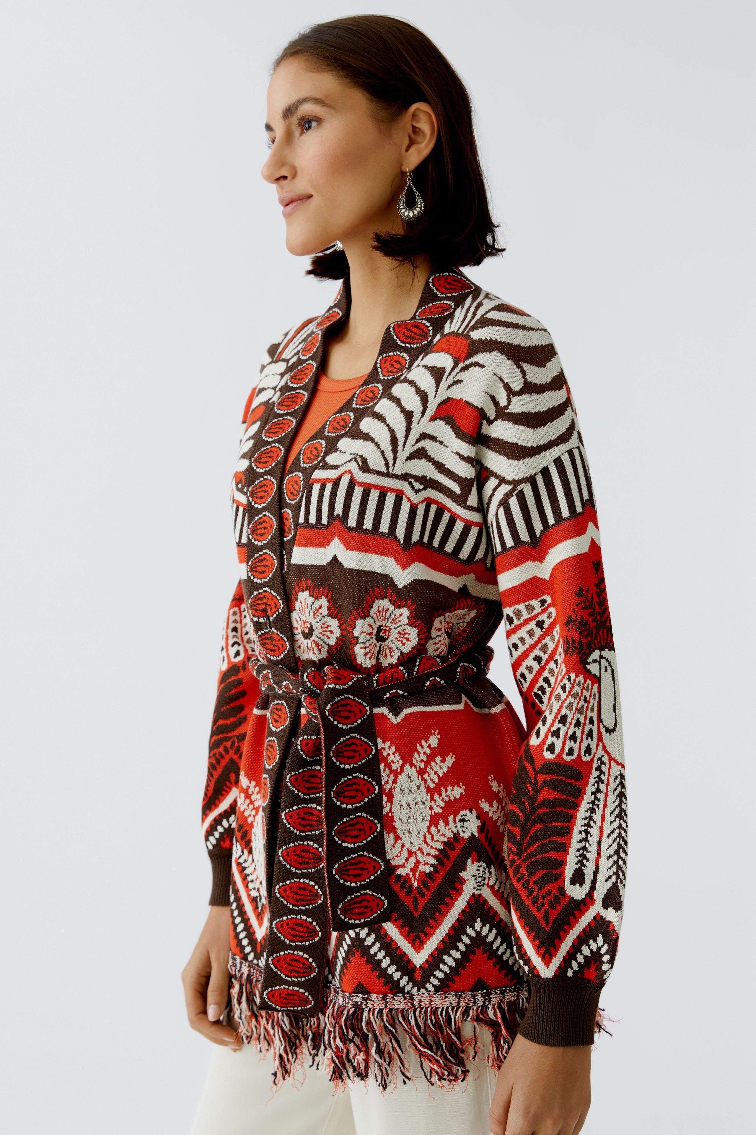 Oui belted knit cardigan red brown sleeve and waist detail