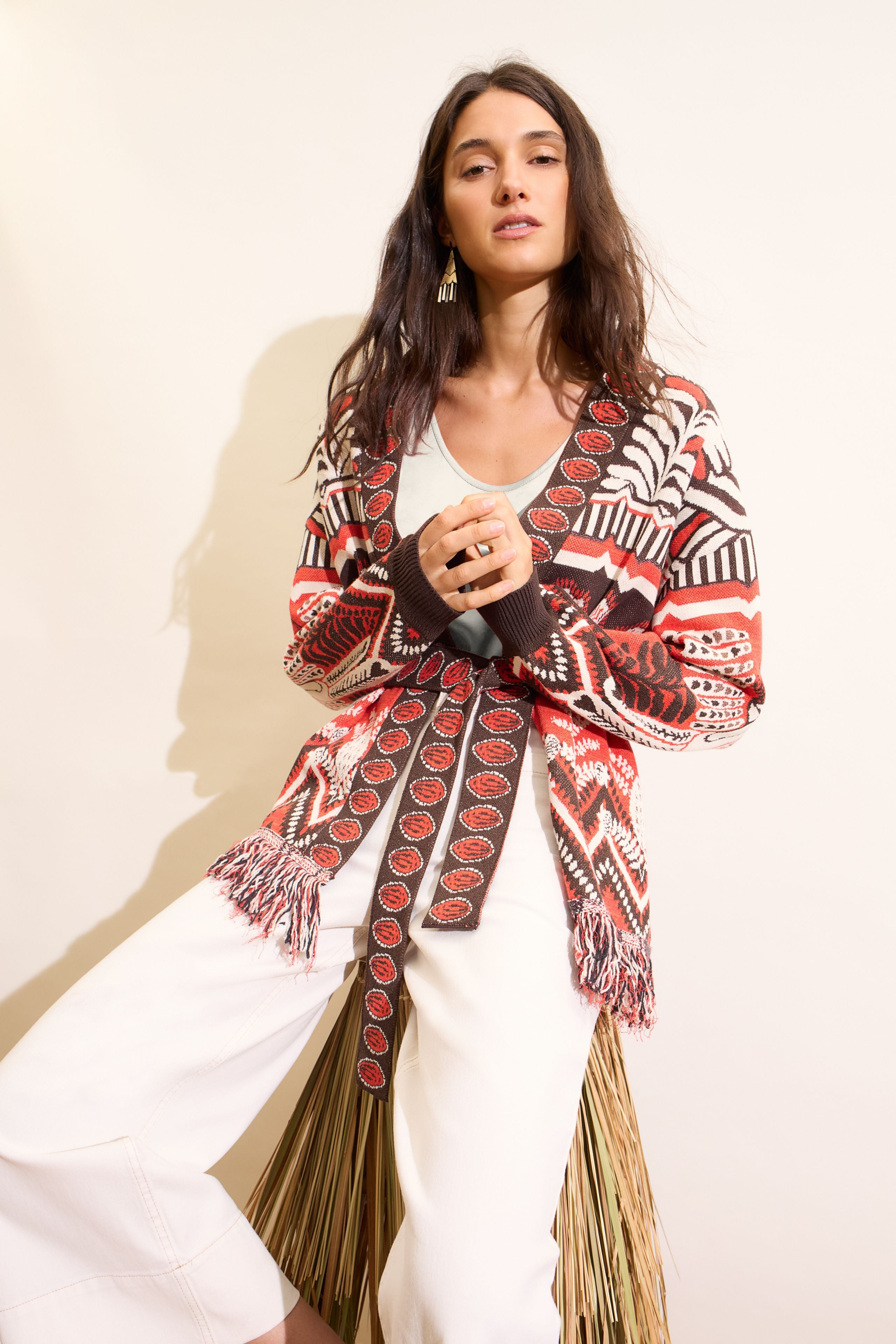 Oui patterned cardigan red brown kimono style relaxed fit