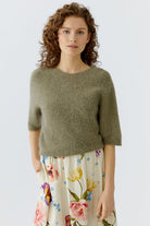 Oui soft knit round neck jumper in olive green – front view