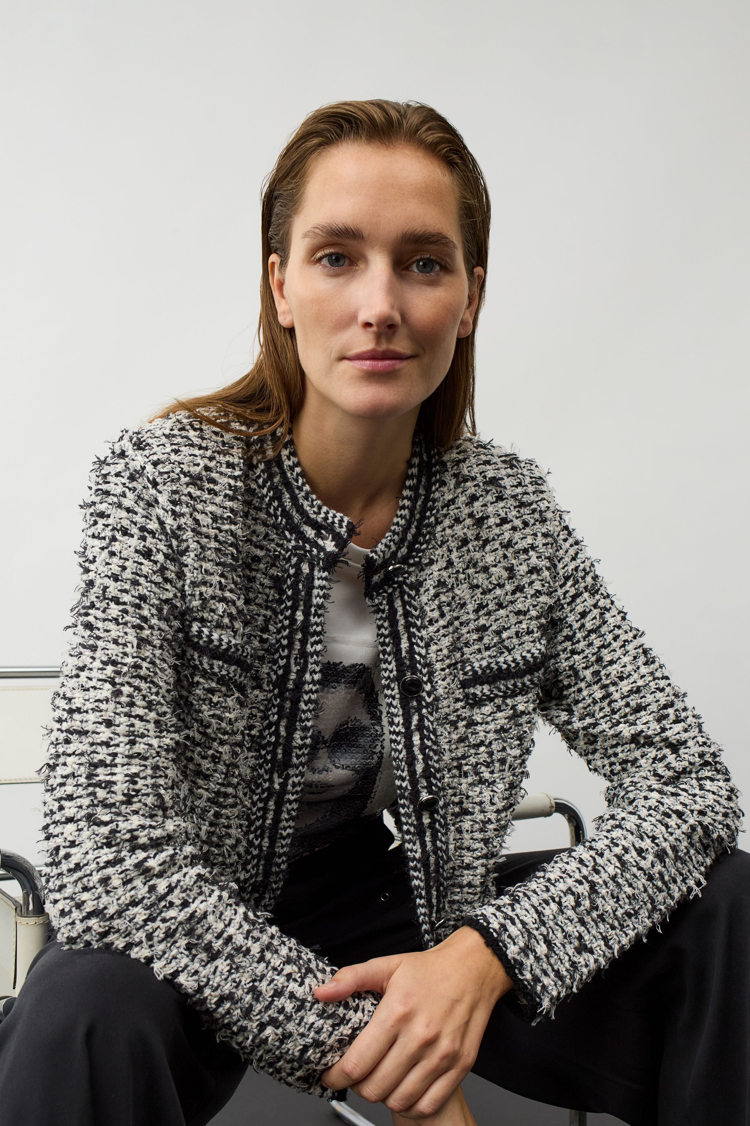 Oui black and white textured knit jacket lifestyle view