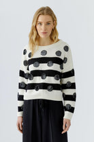 Oui black and white striped sequin dot cotton jumper – front model view
