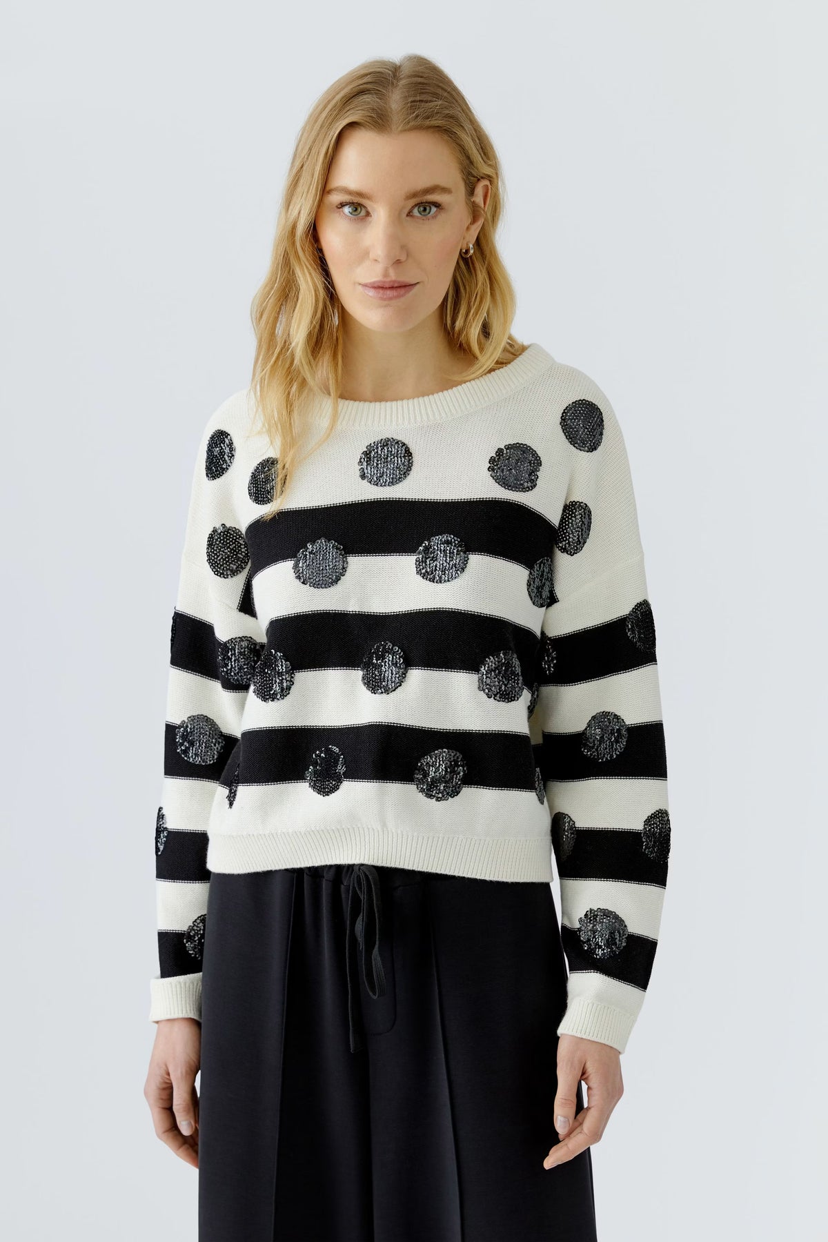 Oui black and white striped sequin dot cotton jumper – front model view