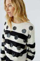Oui striped sequin dot jumper with wide neckline – close model view