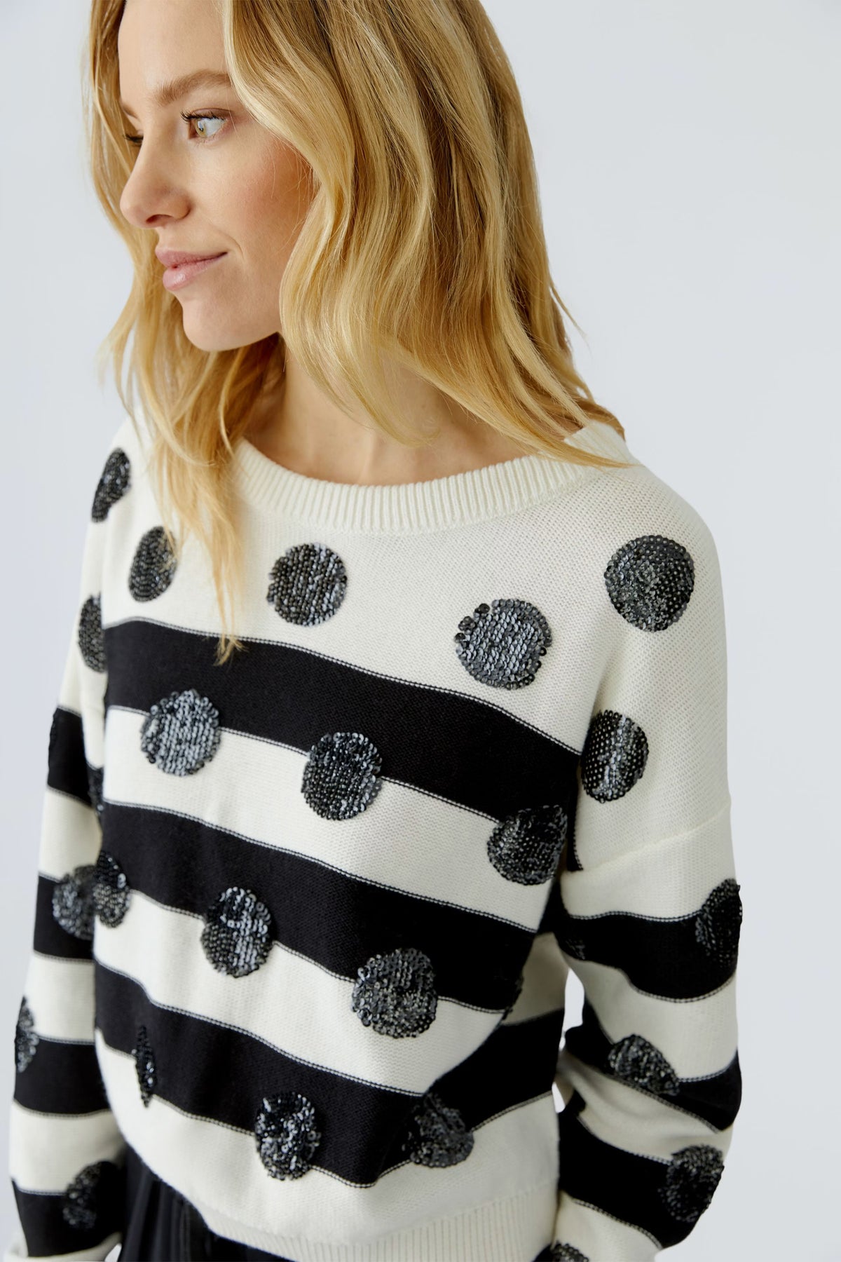 Oui striped sequin dot jumper with wide neckline – close model view