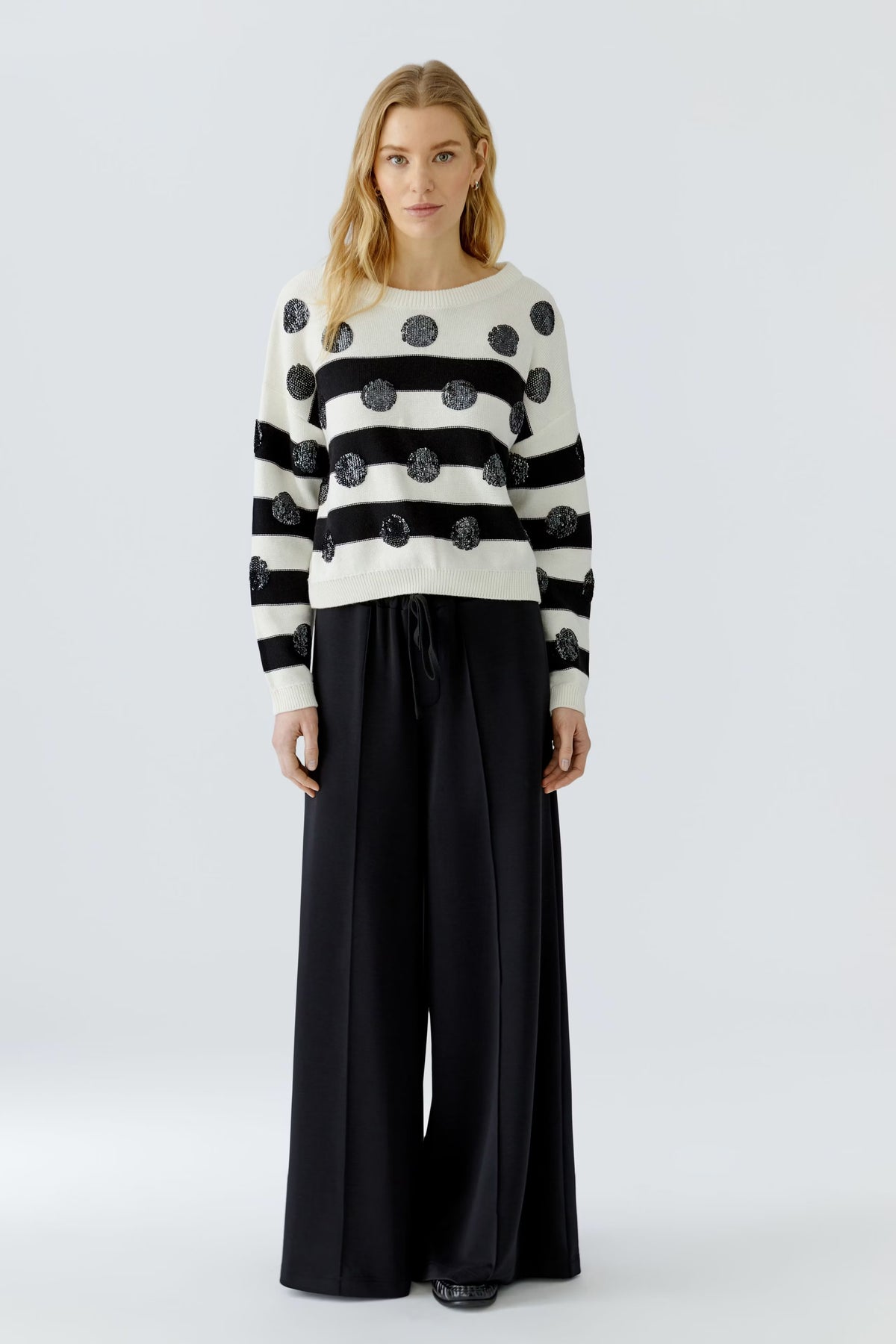 Oui black and white striped cotton jumper with sequin dots – full model view
