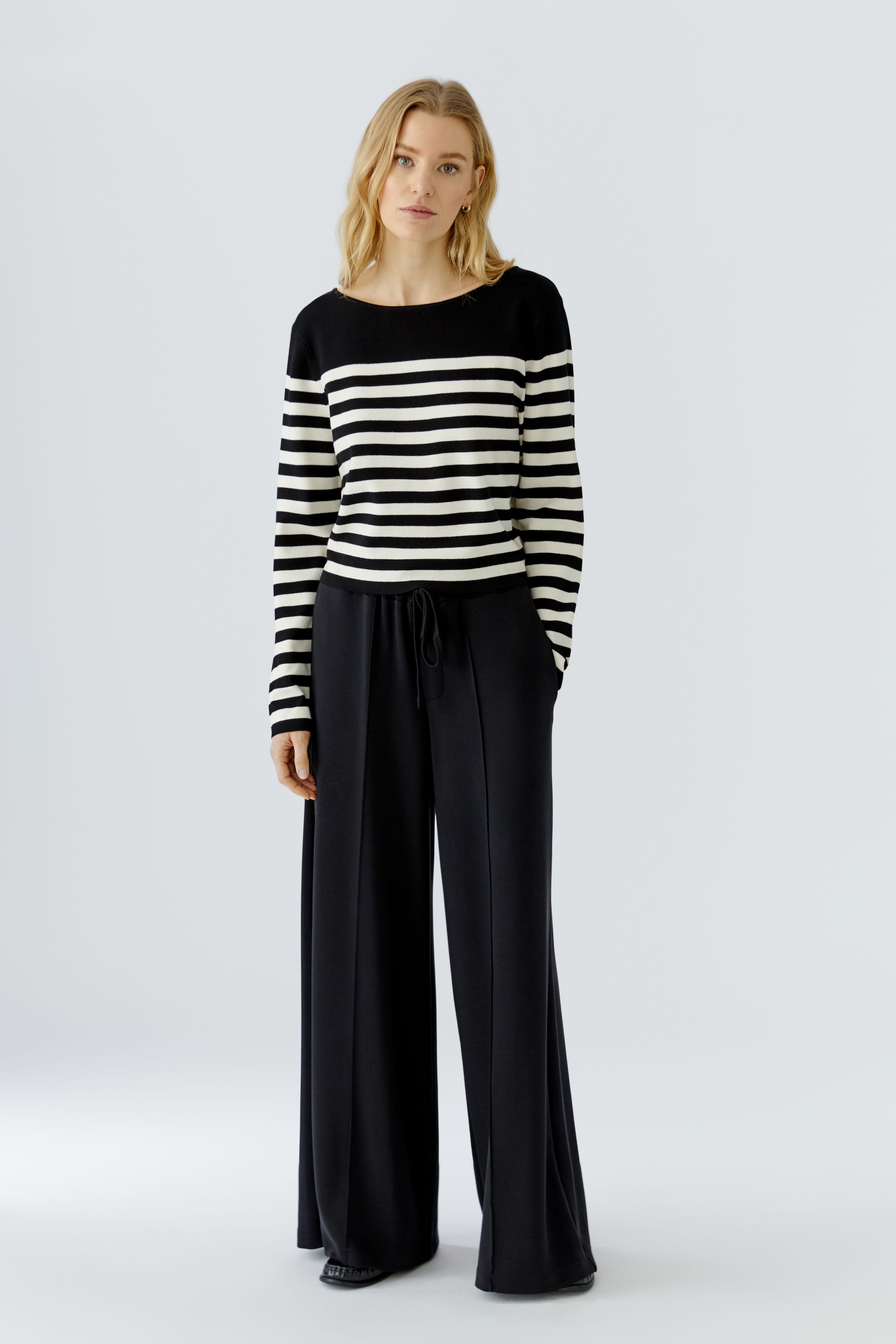 Oui Breton stripe cropped jumper styled with black wide leg trousers