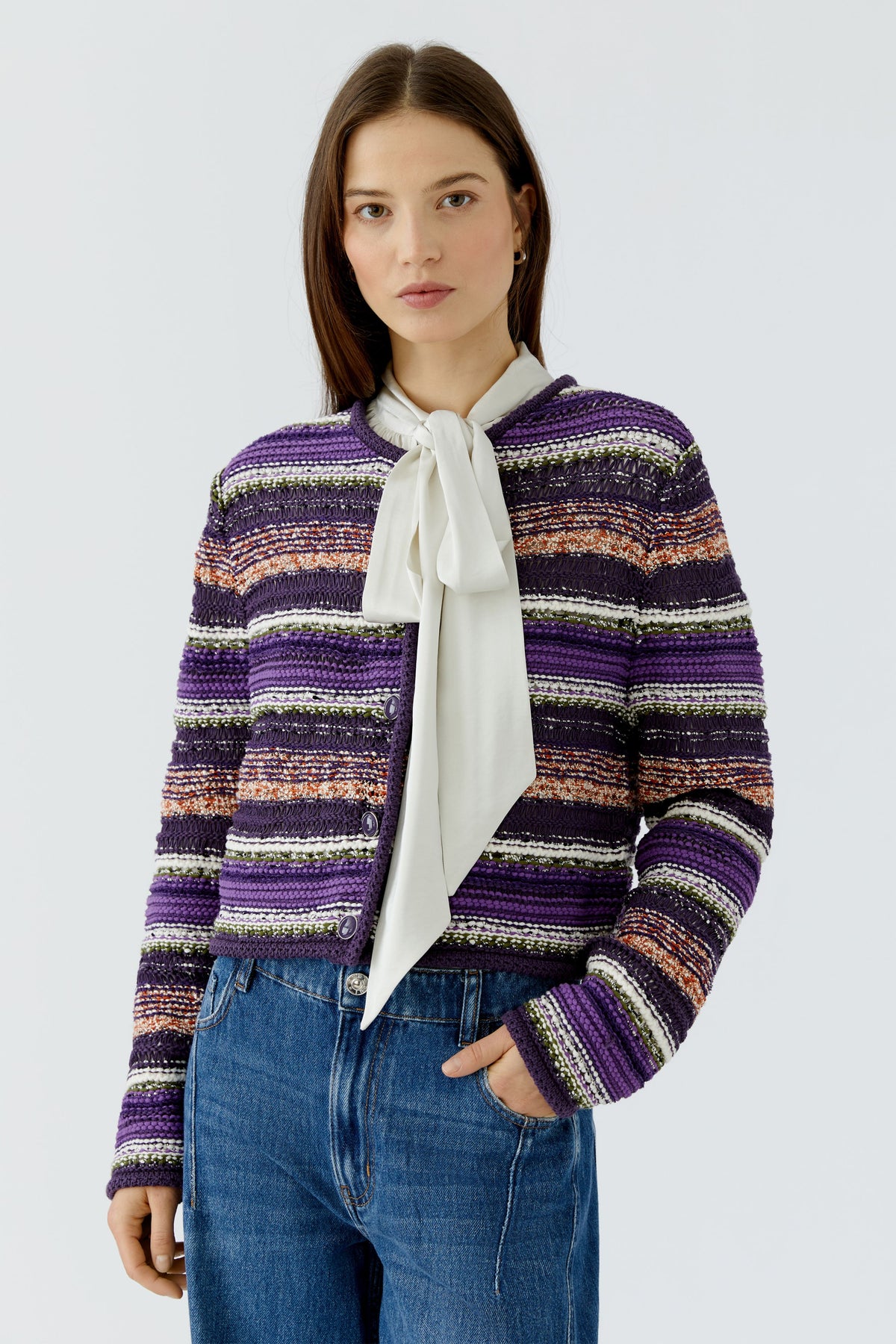Oui purple multicolour striped knit cardigan – front model view