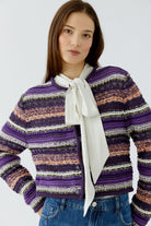 Oui purple striped cropped knit cardigan with round neck – front model view