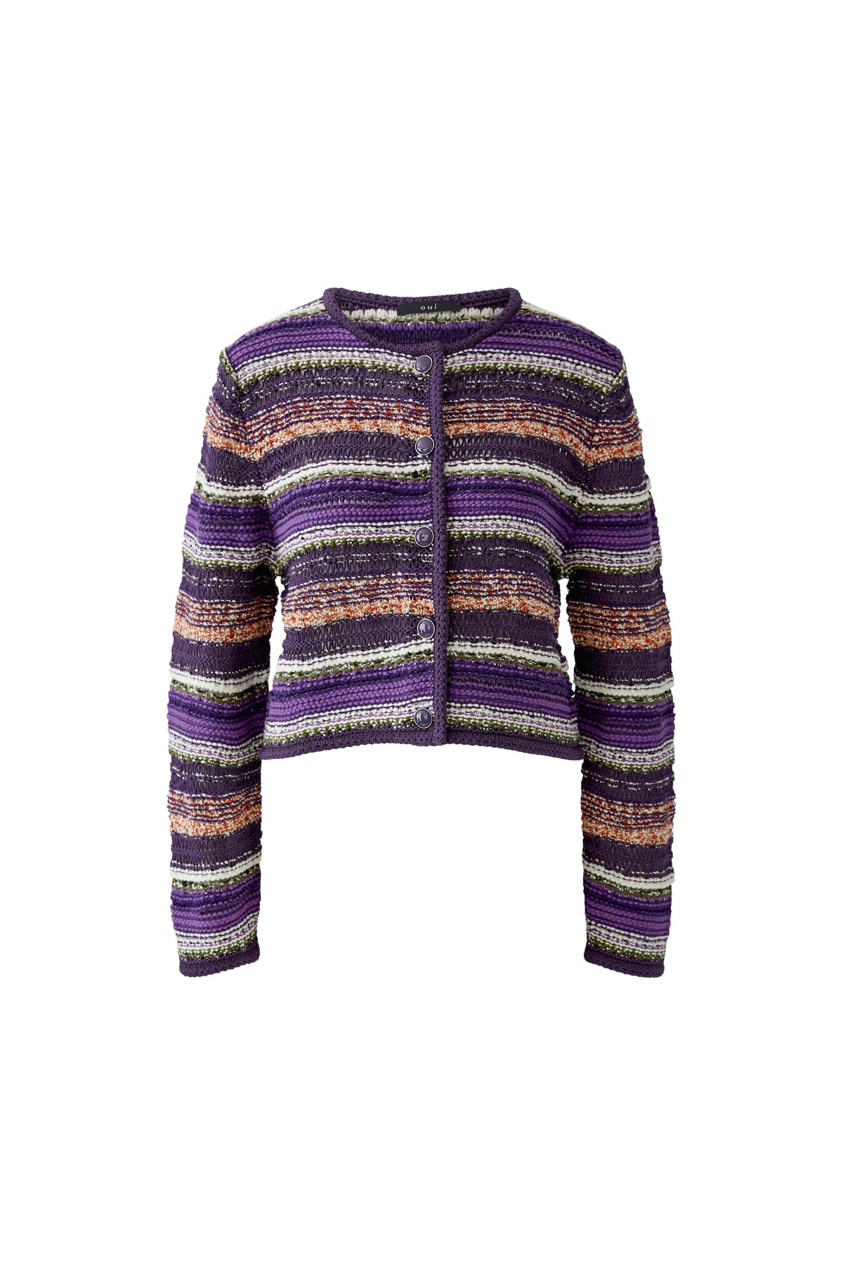     Oui purple multicolour striped button cardigan – product front view