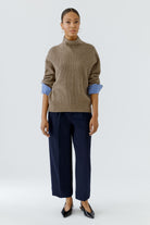 Oui taupe ribbed jumper with detachable striped cuffs – three-quarter model view