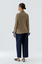 Oui taupe oversized turtleneck jumper with blue striped cuffs – back model view