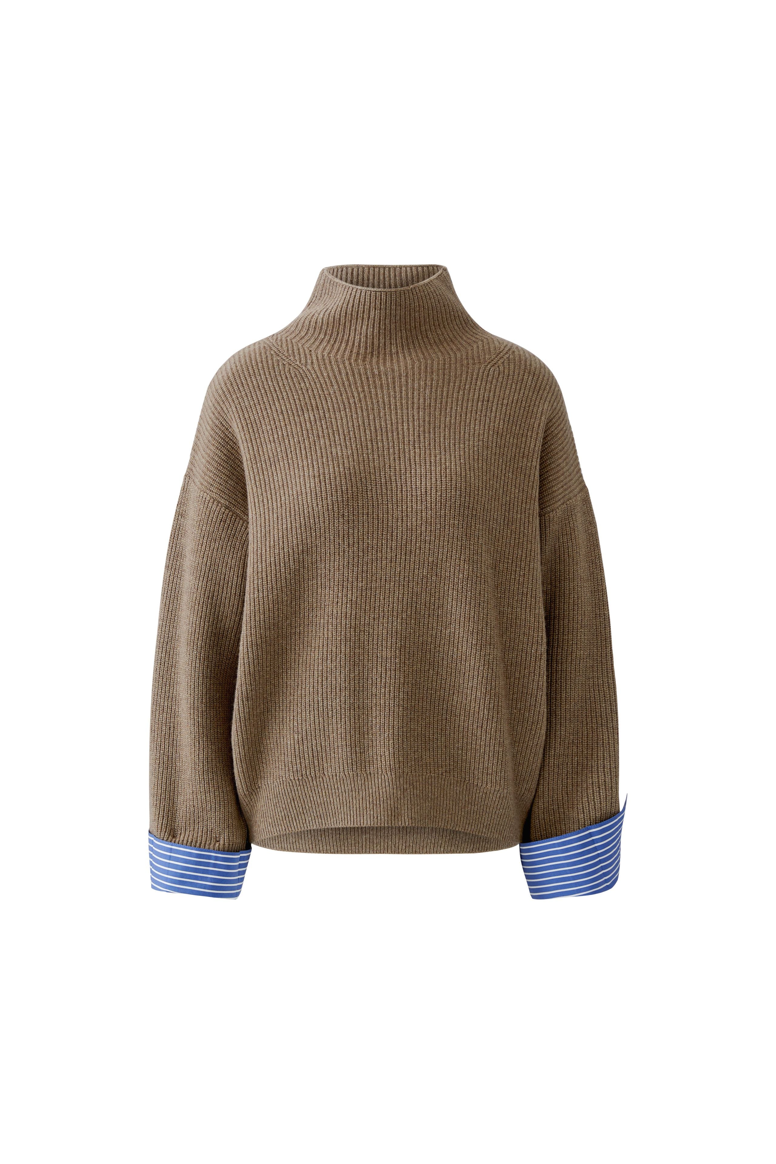Oui taupe ribbed turtleneck jumper with blue striped cuffs – front product view