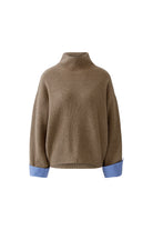 Oui taupe ribbed turtleneck jumper with blue striped cuffs – front product view