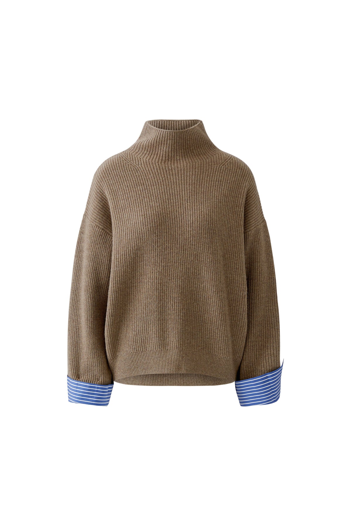 Oui taupe ribbed turtleneck jumper with blue striped cuffs – front product view