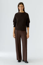 Oui RIYA dark brown cotton jumper with patch pocket – full model view