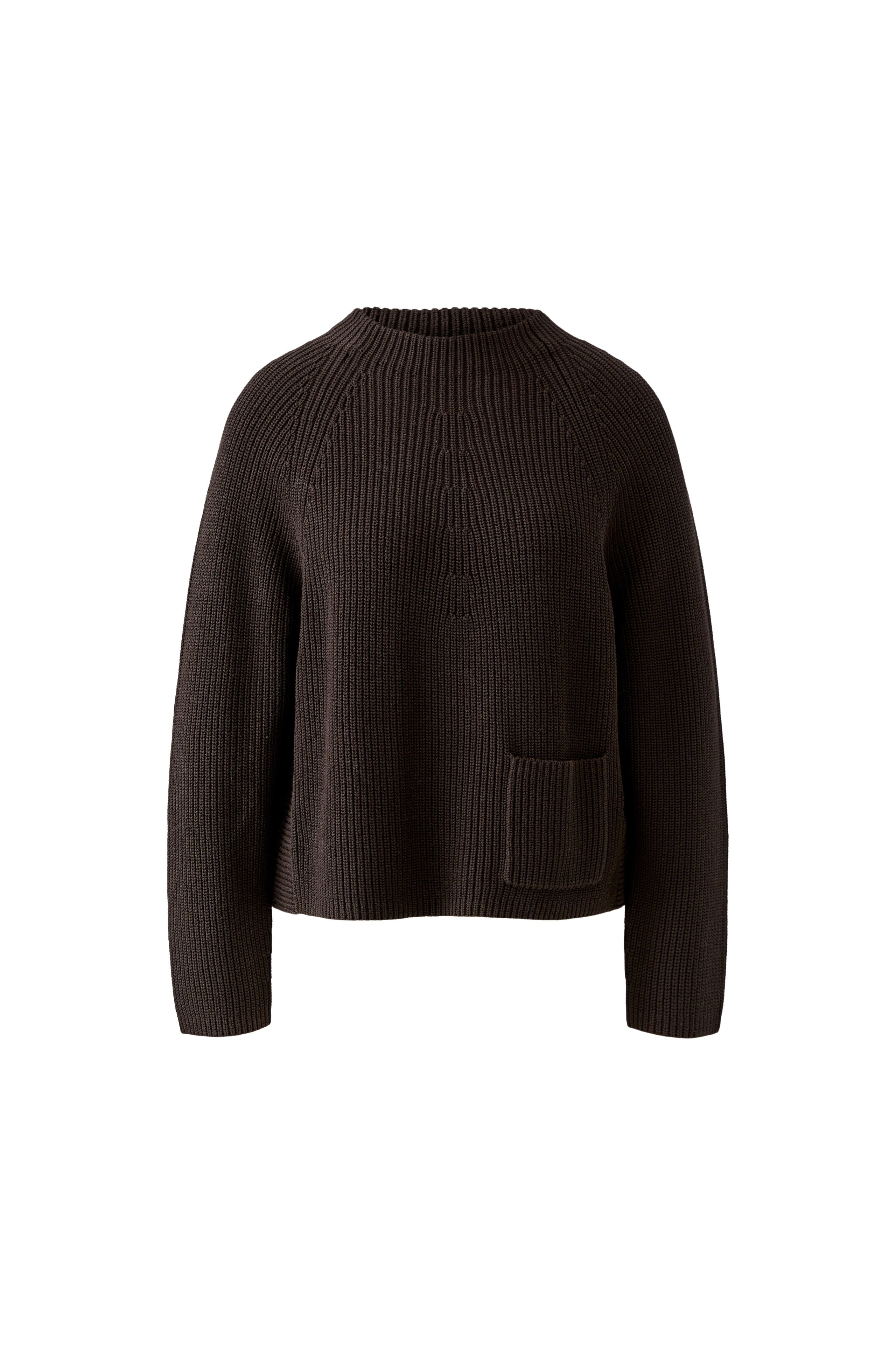 Oui RIYA dark brown high neck ribbed jumper with front pocket – product front view