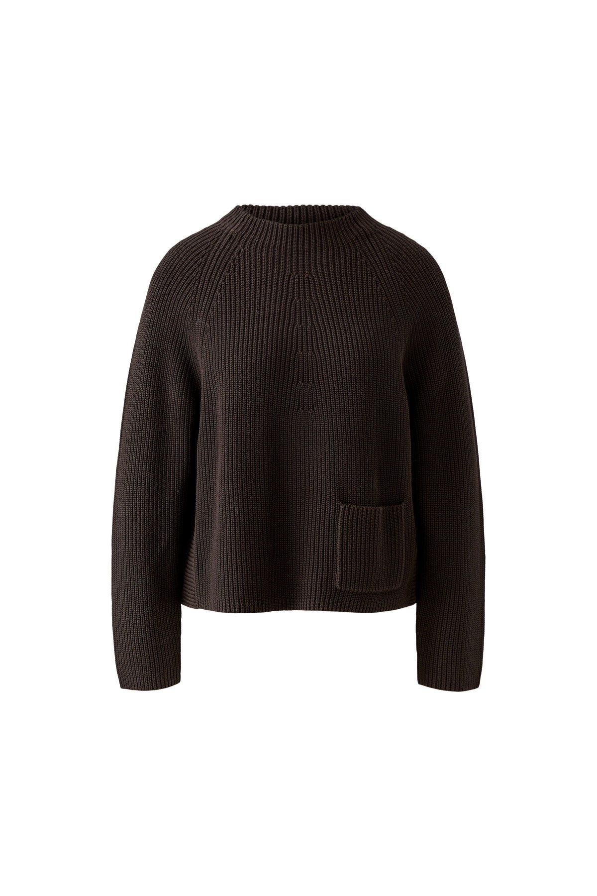 Oui RIYA dark brown high neck ribbed jumper with front pocket – product front view