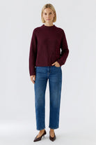 Oui RIYA burgundy ribbed cotton jumper with high neck and long sleeves – full model view