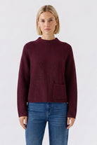 Oui RIYA burgundy ribbed cotton high neck jumper with front patch pocket – front model view